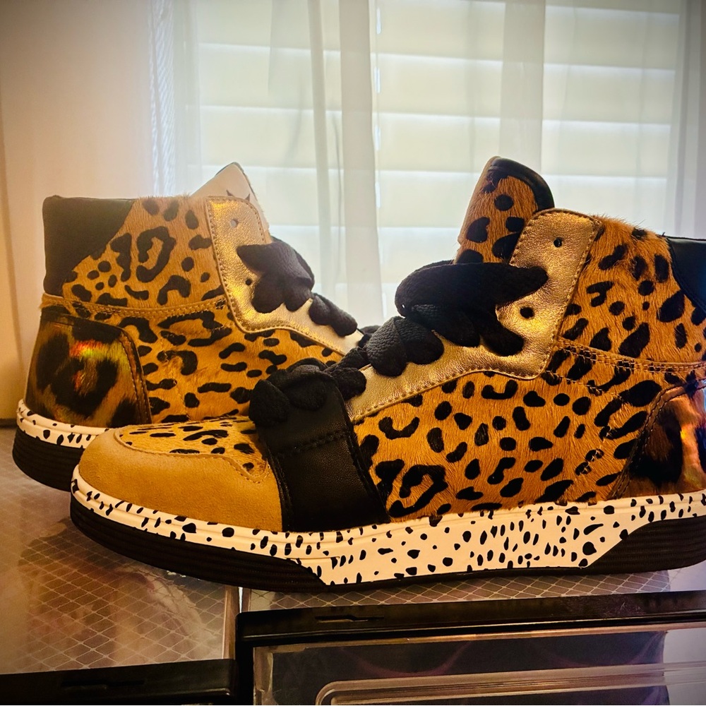 Steve Madden Leopard Print Sneakers with Black and Gold Accents